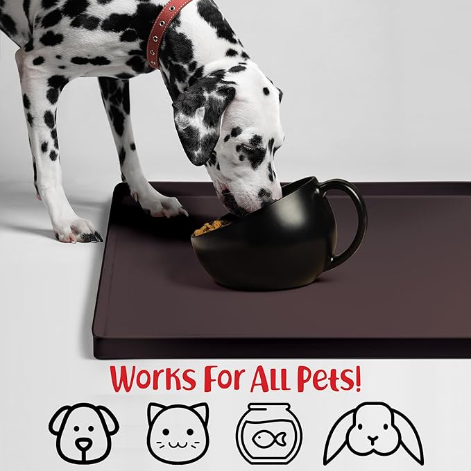 DogBuddy Dog Food Mat – Waterproof Dog Bowl Mat for Food and Water, Silicone Pet Feeding Mats for Floors, Non-Slip Placemat with High Edges for Dogs Bowls, Puppy Essentials (XL: 28" x 18", Coffee)