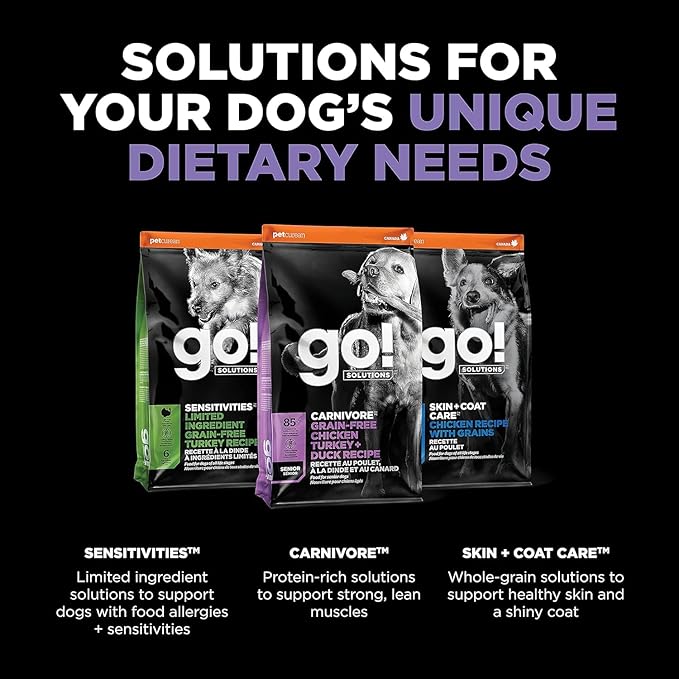 Go! Solutions Carnivore, Grain-Free, Protein Rich Dry Dog Food, Chicken, Turkey and Duck Senior Recipe, 3.5 lb Bag
