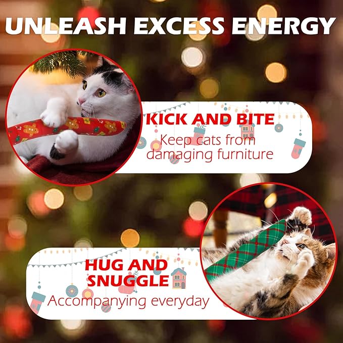 EXPAWLORER Christmas Cat Toys, 4pcs Xmas Soft Pillow Catnip Toys with Bells Inside, Interactive Bite Resistant Fish Shape Kicker Toys for Indoor Kitten Playing