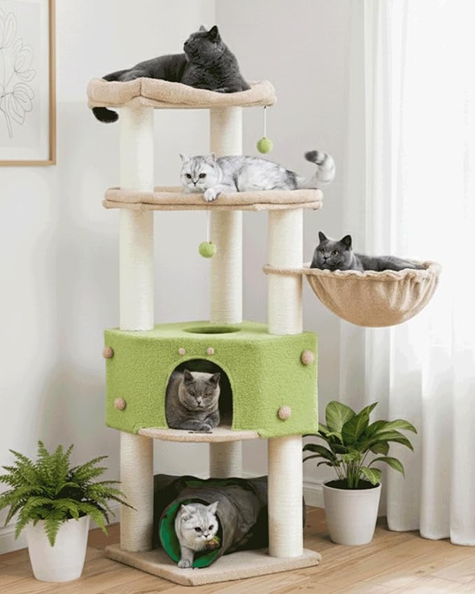 Cat Tree Tower for Indoor Cats Large Adult - Heavy Duty Extra Wide Scratching Post (φ4.4in) Maine Coon Condo House with Hammock Tunnel - 60 Inch XL Feline Bed Trees - Big Multi Level Cat Houses Stand