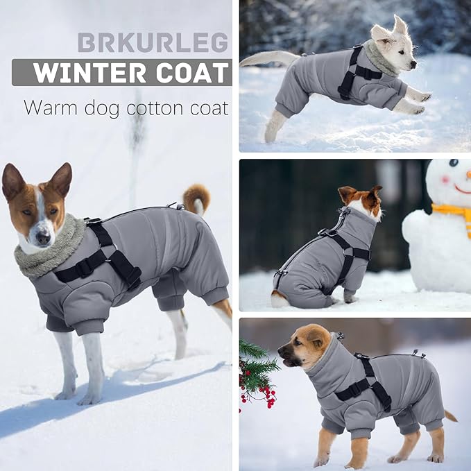 BRKURLEG Grey Dog Winter Coat, Cozy Winter Dog Jackets, Small Medium Dogs Coat with Harness, Onesie Body Warm Puppy Christmas Jacket, Pet Cold Weather Jackets, Puppy Four-Legged Puffer Coats, XXL