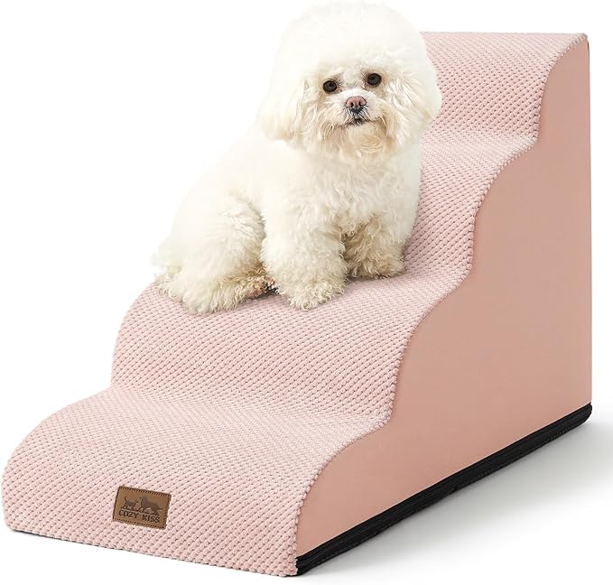 Dog Stairs for Small Dogs 19.7" H, Curved Dog Step for Puppy, Older or Cat, Medium Pet Ramp for Sofa, Couch or Bed, Ladder with High Density Foam, 4 Step, 15.7x28.3x19.7 inch, Pink