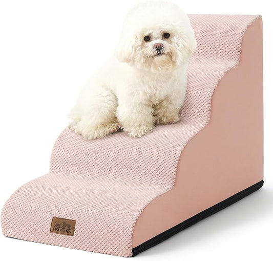 Dog Stairs for Small Dogs 19.7" H, Curved Dog Step for Puppy, Older or Cat, Medium Pet Ramp for Sofa, Couch or Bed, Ladder with High Density Foam, 4 Step, 15.7x28.3x19.7 inch, Pink