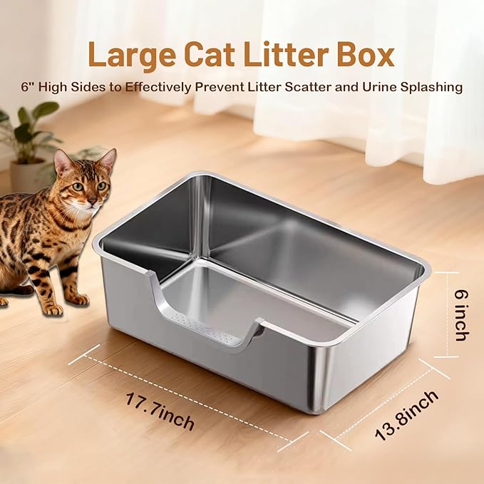 Stainless Steel Cat Litter Box, Large Metal Cat Pan Box, 6 Inch High Sides Low Entry Kitten Litter Boxes, Litter Pan for Older Cats, Easy Cleaning, Non Stick, No Smell, 17.7" x 13.8", Gray