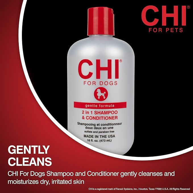 CHI for Dogs Gentle 2-in-1 Shampoo and Conditioner - Softening and Cleansing Formula for Puppies and Adult Dogs - pH Balanced Dog Wash for All Coat Types - 16 Fl Oz