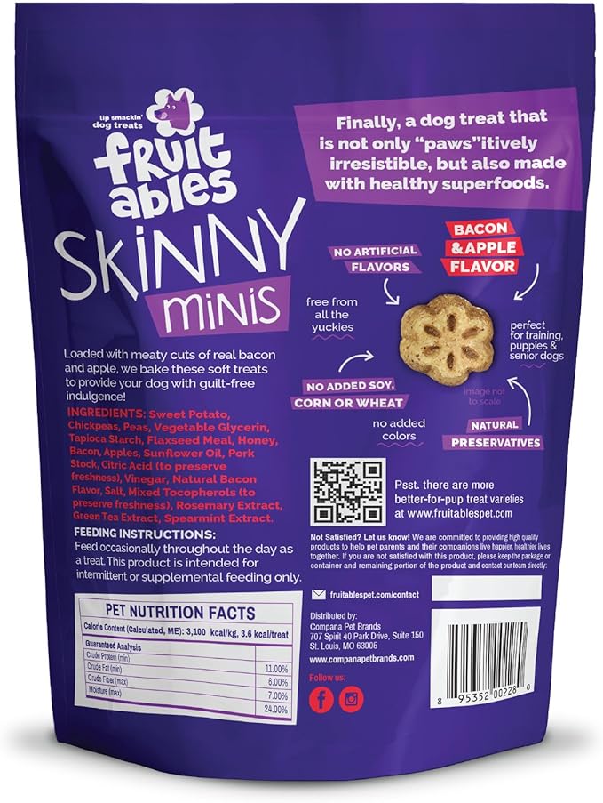 Fruitables Skinny Mini Dog Treats, Healthy Sweet Potato Treat for Dogs, Low Calorie & Delicious, Puppy Training, No Wheat, Corn or Soy, Made in the USA, Bacon and Apple Flavor, 5oz