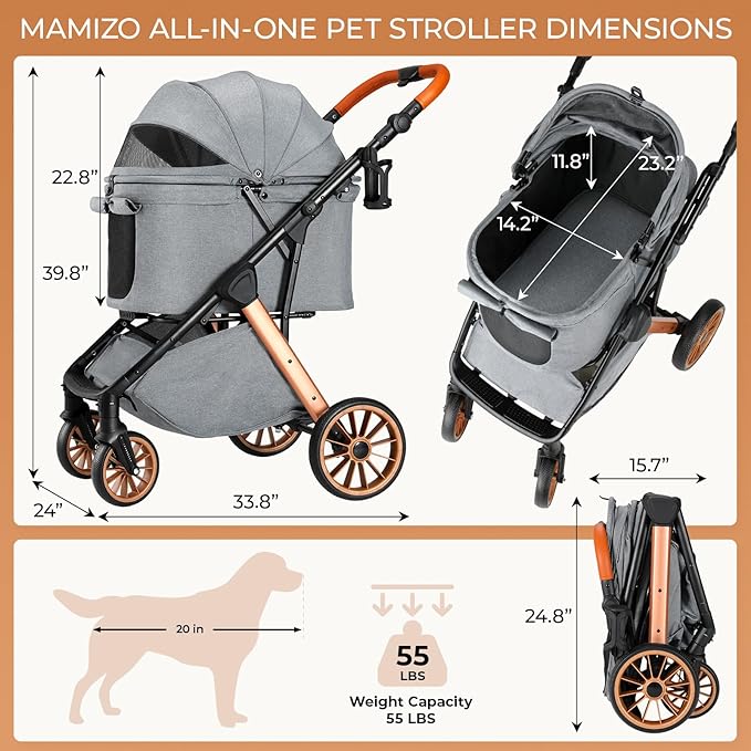 MAMIZO Foldable Dog Stroller for Medium Small Dogs Cats Up to 55 Lbs, Aluminum and Carbon Steel Frame Pet Stroller, Height-Adjustable Handle Puppy Strollers with Zipperless Design, Shock Absorbers