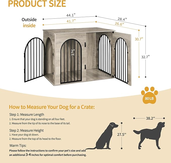 44.1" Wooden Dog Crate Furniture, Indoor Dog Kennel Dogs Cage for Small/Medium/Large Dogs, Heavy Duty Dog Crates Decorative Pet House End Side Table TV Stand, Greige Black DFC83905B