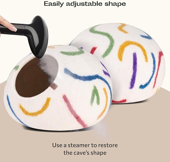 MEOWFIA Cat Cave – Premium Felt Cat Bed for Indoor Cats, Handmade 100% Merino Wool (Large, Ivory Rainbow)