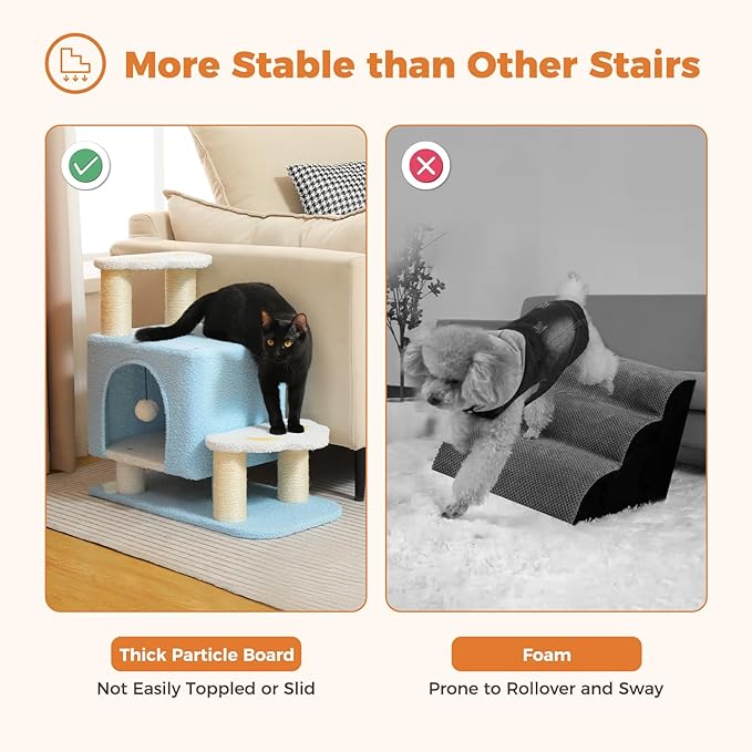 3-in-1 Cute Dog Stairs & Cat Scratching Post with Condo, Pet Steps for High Bed, Sofa, Couch, Tall Cat Tower, High-Strength Board for Indoor Small Cats Kittens Dogs Climbing Playing, 3 Steps-Blue