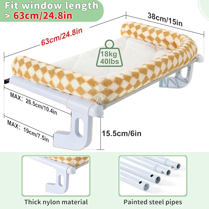 Sunhoo Cat Window Perch Hammock Sturdy Windowsill Bed Seat for Large Cats No Drilling No Suction Adjustable Kitty Shelf with Washable Cover Easy Assembly Holds up to 40 lbs 24.8 * 15 in (Brown, L)