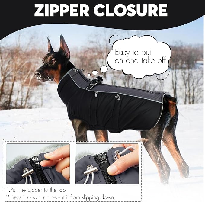 IDOMIK Warm Dog Coat with Harness, Waterproof Reflective Dog Jackets for Small Medium Large Dogs, Fleece High Collar Winter Jacket with Zipper, Pet Winter Snowsuit Clothes for Cold Weather,Black 3XL
