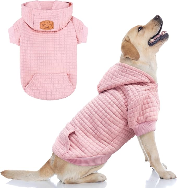 BEAUTYZOO Small Dog Hoodie Sweater with Pockets, Dog Clothes for Small Medium Dogs Boy Girl, Waffle-like Laminated Cotton Pet Coats with Hat and Leash Hole, All Weather Coat for Puppy Doggie Chihuahua