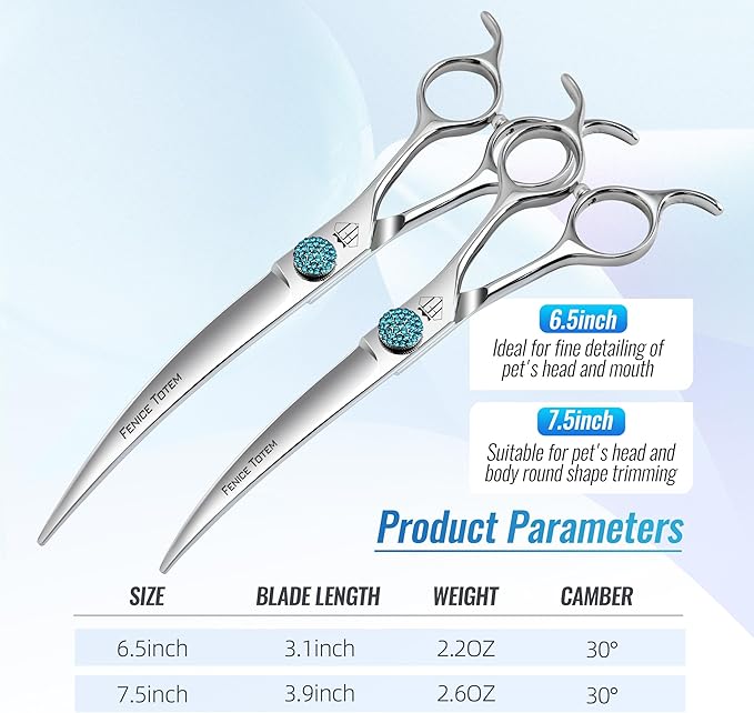 Fenice Professional Grooming Curved Shear: 30 Degree Super Curves Scissors for Dogs 7.5" Big Arc Curved Shears Made Of Japanese 440C Stainless Steel