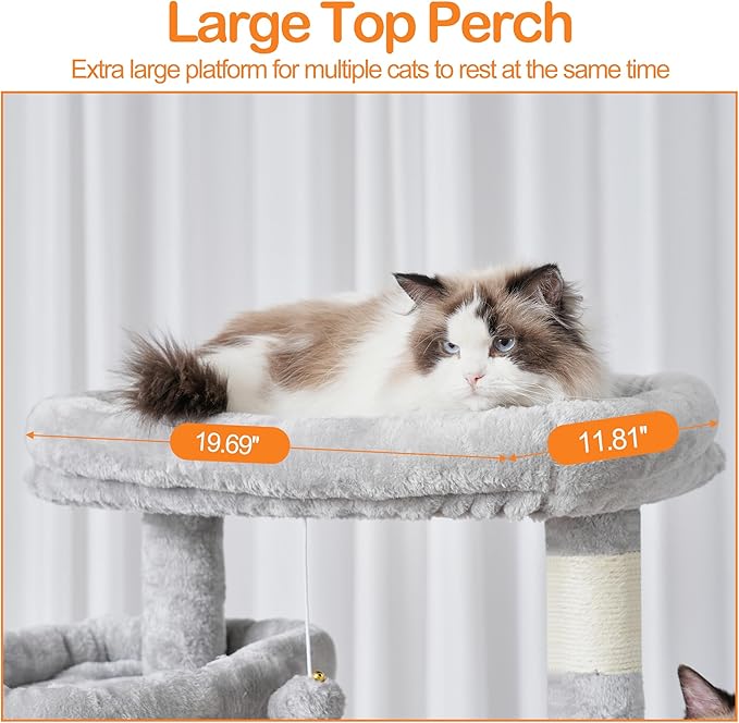 Heybly Cat Tree, 71-Inch-Tall Tower for Indoor Cats with 2 Perches, 2 Big Condos, 2 Hammocks, Basket, Scratching Pad, Large Cat Furniture and Condo, Light Gray HCT034W