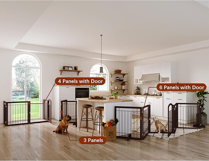 JSB 96-inch Extra Wide 30-inch Tall Dog gate with Door Walk Through, Freestanding Pet Gate for Halls, Stairs & Home, Pet Puppy Safety Dog Fence with 2PCS Support Feet (Espresso)