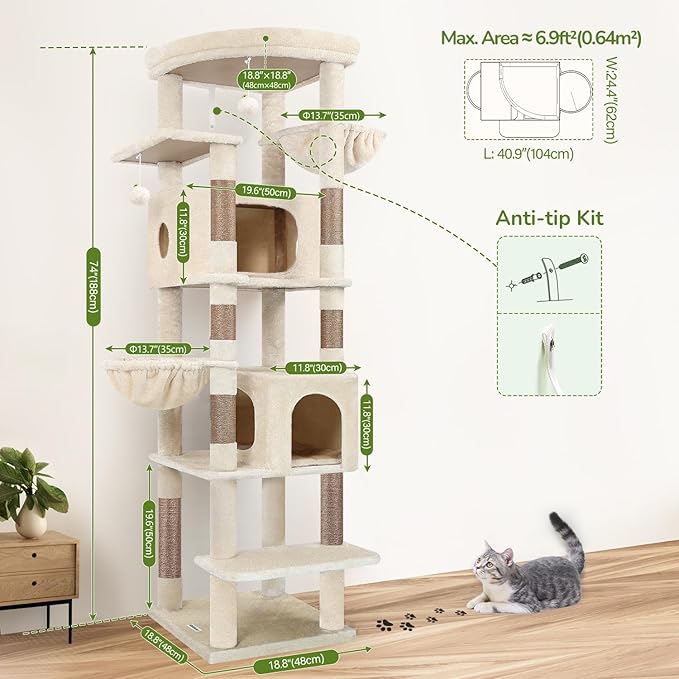 Globlazer Heavy Duty Cat Tree, 74in Sturdy Cat Tower for Large Cats Adult, Big Cat Tree with 7 Sisal Scratching Posts, 2 Padded Condos, 2 Dual-Ear Hanging Baskets, Enlarged Top Perch, S74, Beige