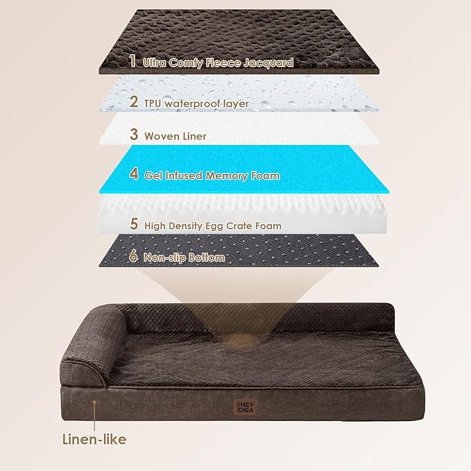 EHEYCIGA Memory Foam Dog Bed XXL, Giant Dog Bed Orthopedic with Washable Removable Cover, Waterproof Pet Bed Couch for Jumbo Dogs, 48x36x7 Inches, Brown