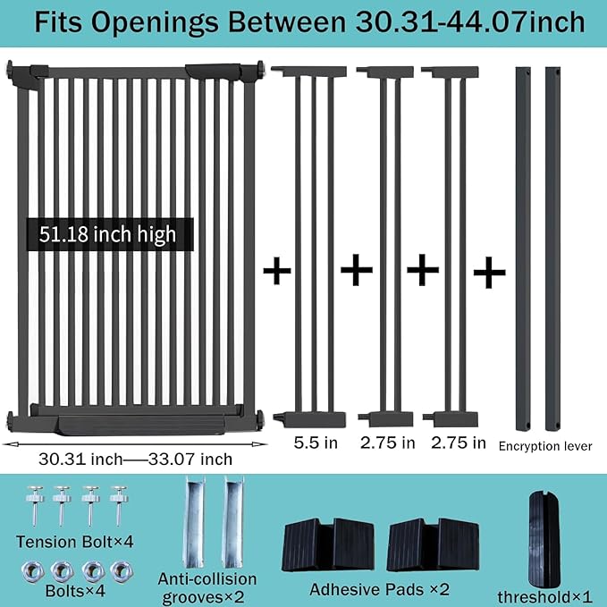51 Inch Extra Tall Baby Gate Auto Close Cat Gate Adjustable 29.92"-43" Wide Pressure Mounted Pet Gate for Doorways,Stairs, House (Black, 51.18 inch)