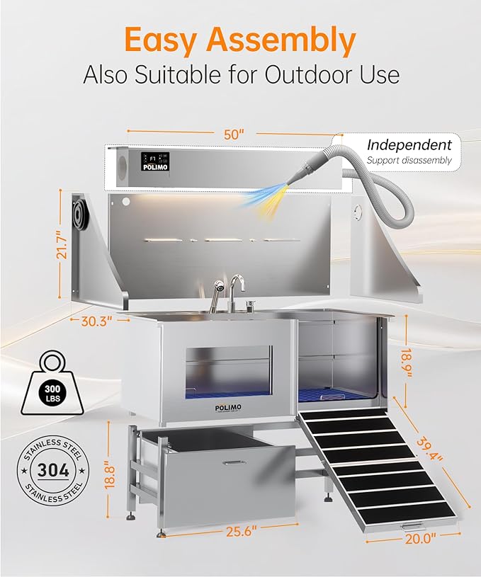 POLIMO Dog Wash Station with Pet Dryer & LED, Professional Dog Bathing Station for Large, Medium & Small Dogs – with Window, Ramp, Drawer, Floor Grate, LED Display & Faucet (Right RAMP & Dryer, 50")