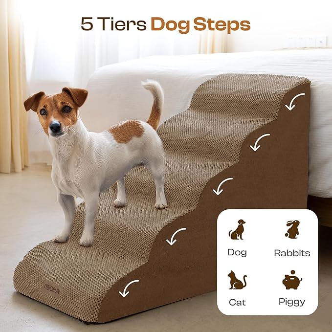 Replacement Cover for Miorun 5-Step Dog Stairs (Cover Only), Machine Washable, Anti-Slip, Fits Curved Dog Ramp for High Bed Up to 26", Coffee