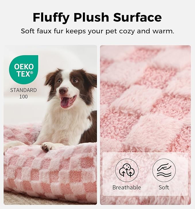 MADE 4 PETS Cat Beds for Indoor Cats, Cat Couch Bed, Soft Faux Fur Checkered Pet Sofa, Calming Fluffy Kitten Sofa with Supportive Foam, Removable Washable Cover with Non-Slip Base, Pink, Small