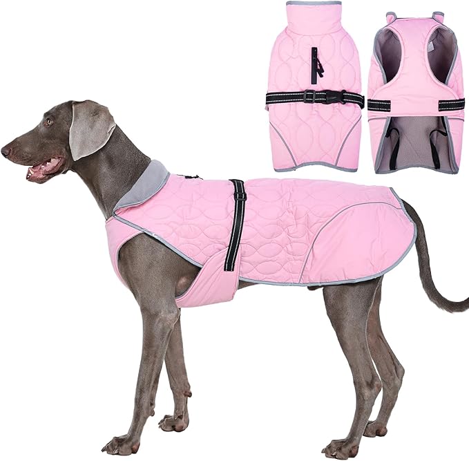 IDOMIK Dog Winter Jacket, Adjustable Waterproof Dog Warm Coat with Fleece Lining, Turtleneck Windproof Cold Weather Coats for Winter, Reflective Warm Snow Jacket for Great Dane Rottweiler,Pink,3XL