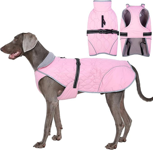 IDOMIK Dog Winter Jacket, Adjustable Waterproof Dog Warm Coat with Fleece Lining, Turtleneck Windproof Cold Weather Coats for Winter, Reflective Warm Snow Jacket for Great Dane Rottweiler,Pink,3XL