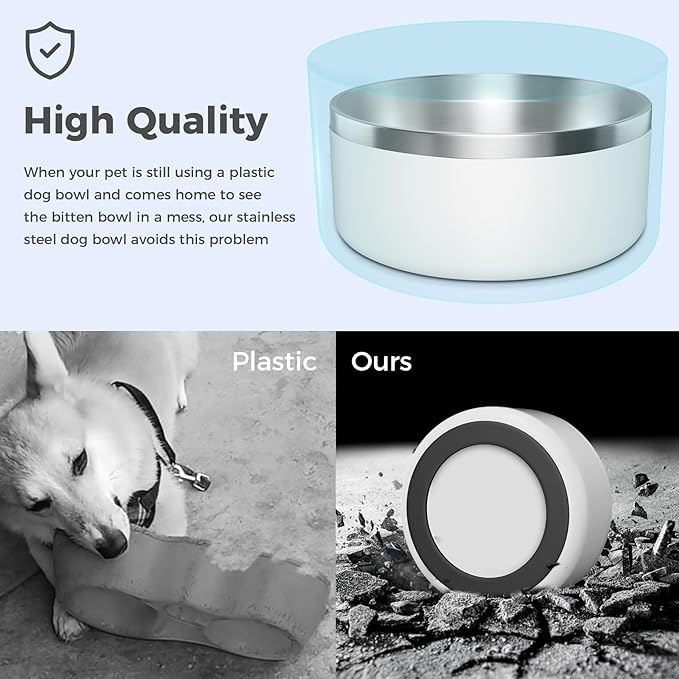 Dog Bowl, Stainless Steel Dog Food and Water Bowl with Non Slip Quiet Bottom, Easy to Clean, Dishwasher Safe, 64oz, White