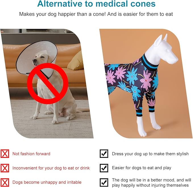 LovinPet Dog Recovery Bodysuit for Medium Dogs Girl, Lightweight Stretchy Fabric, Black, Turquoise Leaf Print, 3XL Surgery Recovery PJs, Easy to Wear Adorable Bodysuit