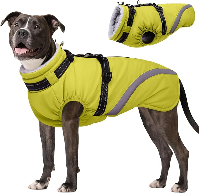 BRKURLEG Dog Winter Jackets for Large Dogs, Dog Coat with Harness Built in, Dogs Snowsuits with Zipper, Waterproof Windproof Pet Puffer Jacket Fleece Vest for Beagle, Pitbull, Green XL