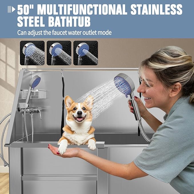 50" Pet Dog Bathing Station W/Stairs, Professional Stainless Steel Dog Grooming Tub W/Soap Box, Faucet,Rich Accessory, Dog Bathtub for Large,Medium,Small Pets, Washing Sink for Home (50" Left ramp)
