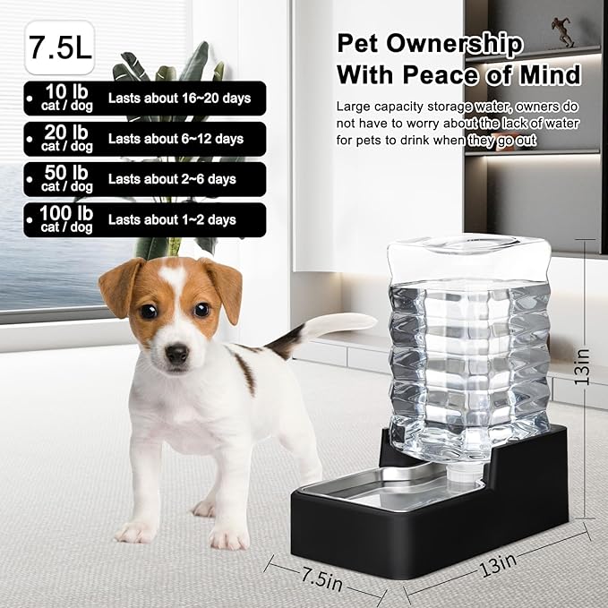 RIZZARI Stainless Steel Pet Water Feeder: 7.5L Black Automatic Leak-Proof Gravity Dispenser for 20-35 LB Dogs with Spinal Problems - with Filter - Ideal for Bedroom Living Room
