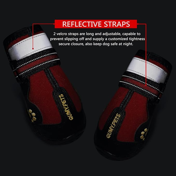 QUMY Dog Shoes for Large Dogs, Medium Dog Boots & Paw Protectors for Winter Snowy Day, Summer Hot Pavement, Waterproof in Rainy Weather, Outdoor Walking, Indoor Hardfloors Anti Slip Sole Red Size 2