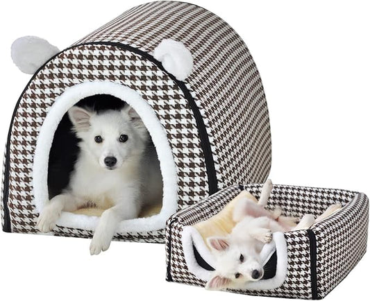 Dog Bed,2 Ways to Use,Indoor Pet House with Fluffy Mat,Removable and Washable Cover,Non-Slip Bottom,for Large Dogs(XL Brown Cranes)