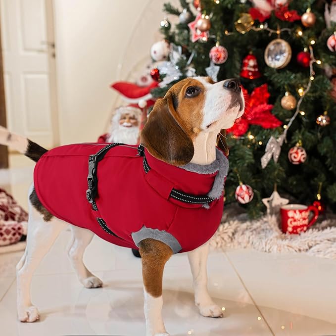 AOFITEE Dog Coat, Warm Dog Jacket Winter, Waterproof Dogs Winter Coat with Harness & Zipper, Reflective Turtleneck Fleece Pet Puffer Jacket Snowsuit for Jack Russel, Boston Terrier, Christmas Red M