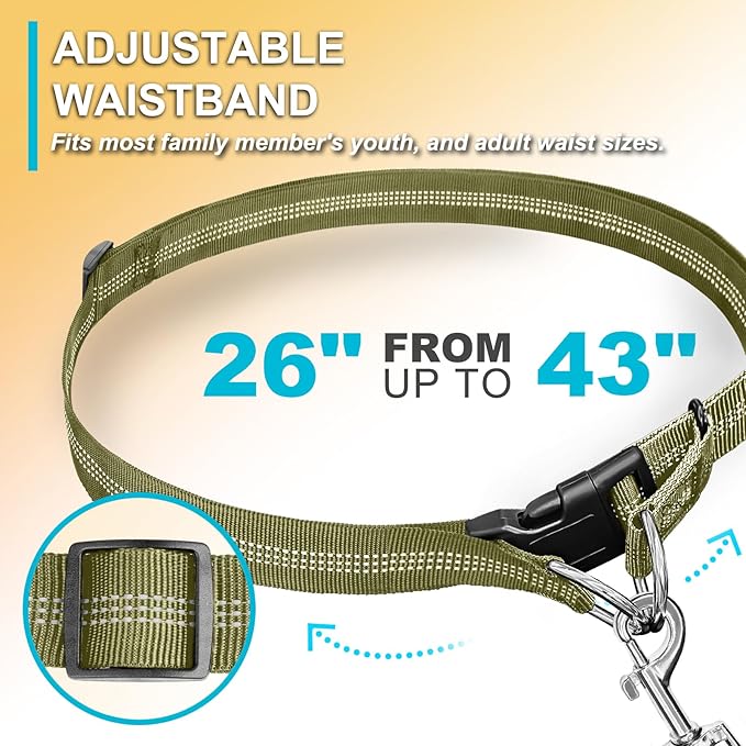 Hands Free Dog Leash, Adjustable Waist Leash for Dog, Handle Bungee 4.2-6.7 Feet Long with Reflective Stitches for Walking Hiking Running, Fits 26"- 47" Waist, Army Green
