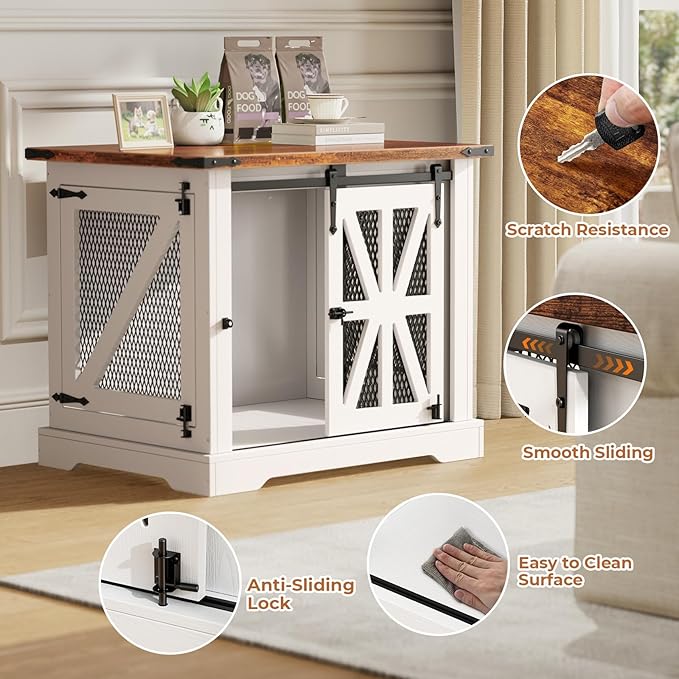 VOPEAK 27.5" Small Dog Crate Furniture, Chew Resistant Dog Crate for Puppy Dogs, Heavy Duty Small Dog Crate Dog Kennel Indoor with Double Doors, Wooden End Table for Bedroom Living Room, White