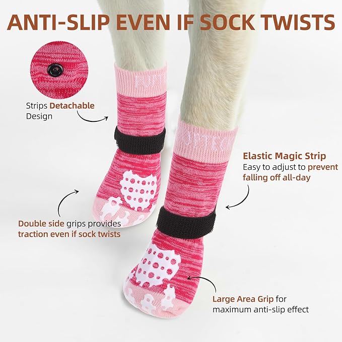PUPTECK Anti-Slip Dog Socks with Double Sides Grips for Small Medium Large Dogs Hardwood Floors Prevents Licking, Dog Shoes for Hot Pavement Traction Control for Senior Dogs, Fuschia, L