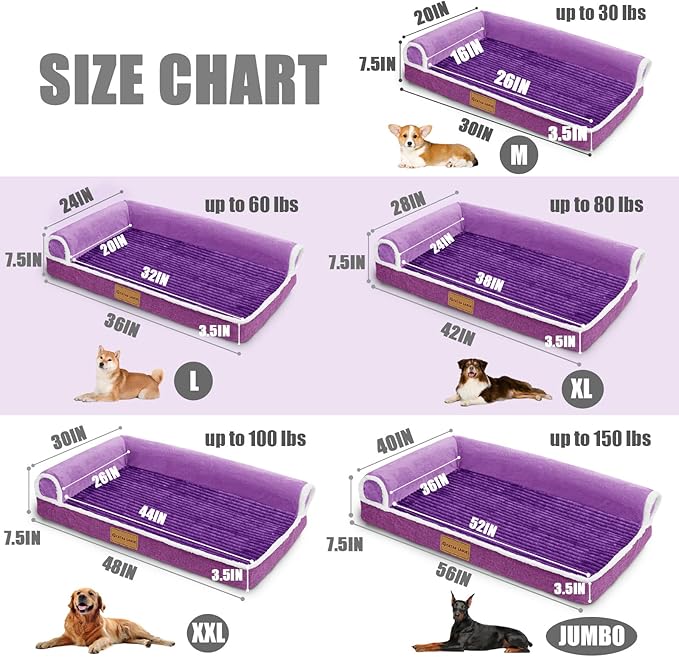 Patas Lague Orthopedic XL Dog Bed Large Sized Dog 42''X28'', Waterproof Comfortable L Bolster Big Large Non-Slip Soft Warm Pet Crate Bed Sleep Sofa mat with Removable Washable Cover, Purple