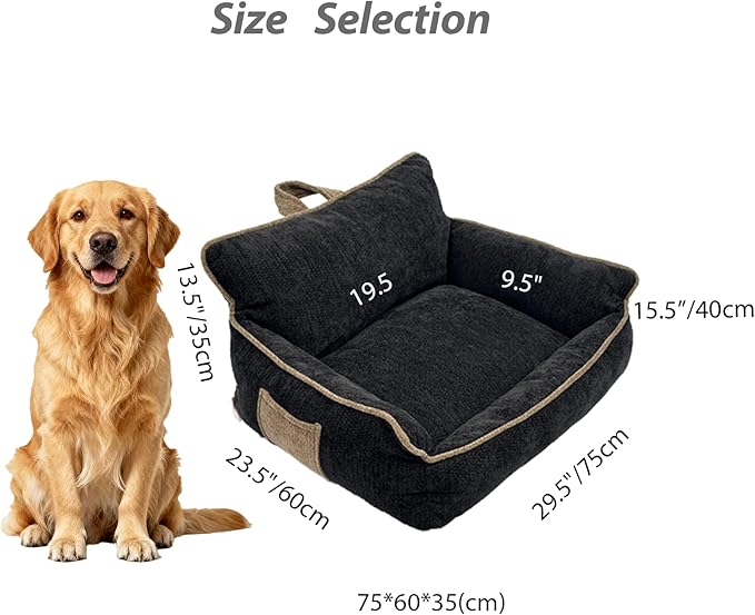 Large Orthopedic Dog Sofa Bed with Sides, Carry Handle & Side Pockets .Plush Chenille Orthopedic Pet Bed Couch for Large Dogs.Portable Snuggler for Indoor Use, Travel & Recovery (Black)