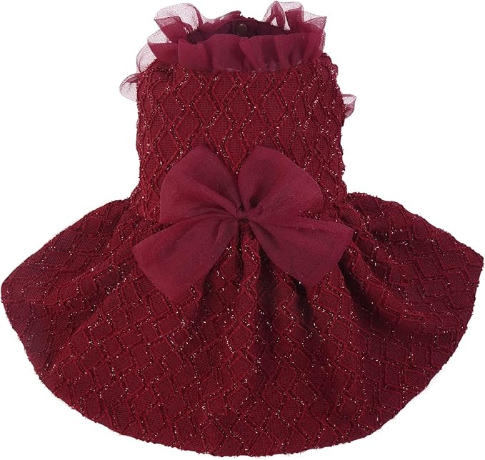 Kuoser Dog Dress, Cute Dog Dresses for Small Dogs Girl Elegant Puppy Tutu with Bow-Knot, Doggie Princess Costume Pet Outfit for Birthday Party Christmas Halloween Wedding, Red S