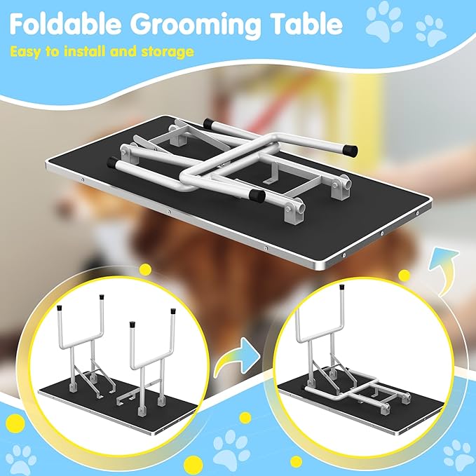 42''Large Dog Grooming Table, Adjustable Cat Drying Desktop with Arms, Nooses, Mesh Tray, Foldable Pet Station at Home, Maximum Capacity Up to 330Lb, 42inch, Black