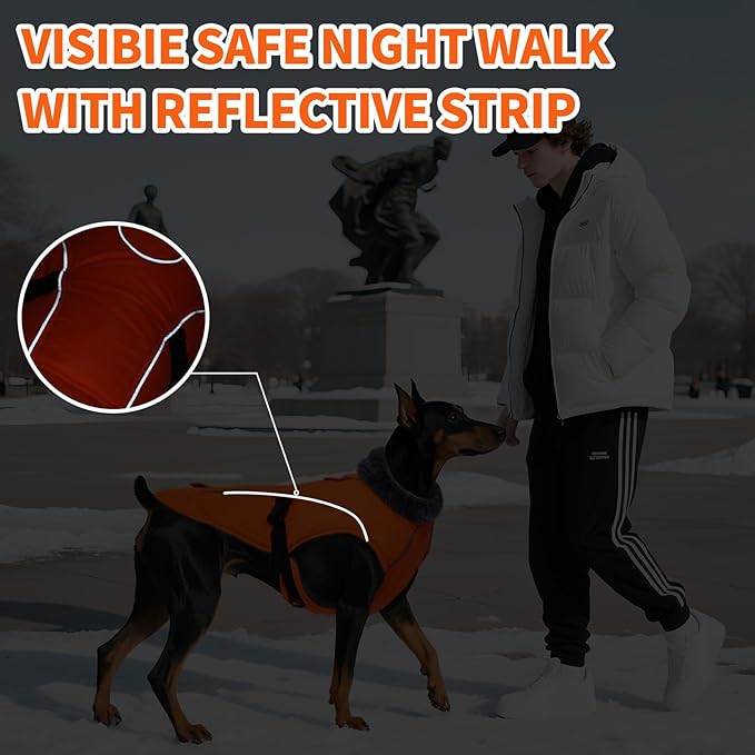 DENTRUN Dog Winter Coat - Windproof Reflective Jacket, Plush Turtleneck & Adjustable Belt, Water Repellent Fleece Lined Cold Weather Vest for Corgi Bulldog, Orange, L
