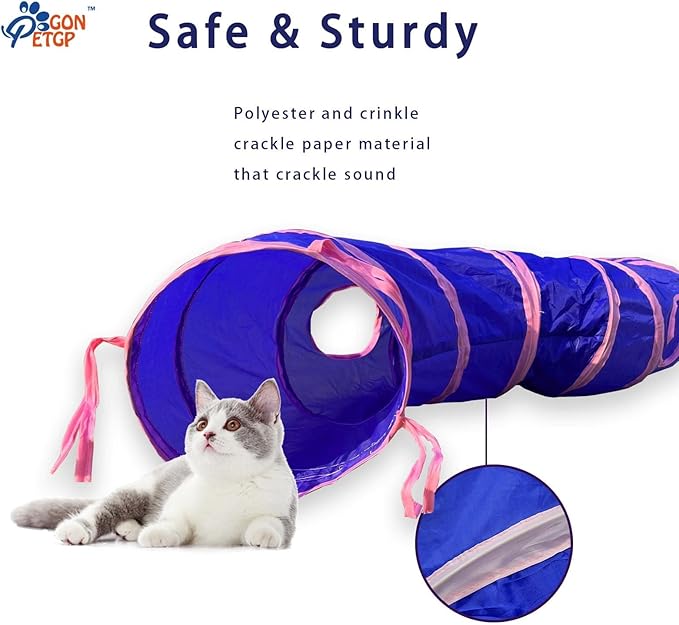 Cat Tunnel for Indoor Cats with Cube Tent Toys Combo, Crinkle Paper Collapsible Interactive Pet Cat Tubes with Play Ball and Bell for Puppy, Kitty, Kitten, Rabbit (3 in 1 Set
