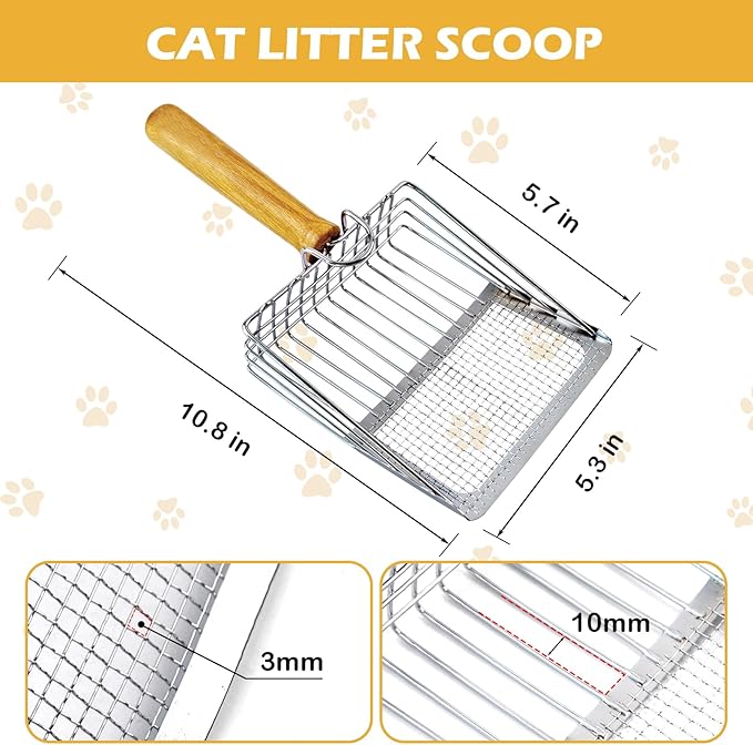 Stainless Steel Cat Litter Scoop,Cat Litter Scooper with Solid Wooden Handle,Kitty Metal Scooper & Speed Sifter Deep Shovel Scoop Filter,Kitten Pooper Lifter for Litter Box