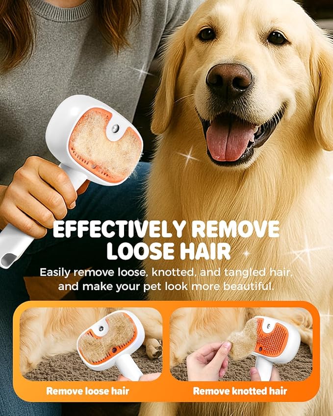 Pet Steam Brush for Dog &Cat, 3-in-1 Self-Cleaning Dog Brush Pet Spray Hair Removal Comb, 2 Spray Modes Rechargeable Deshedding Dog Steam Spray Hair Brush for Shedding Massaging Cleaning (White)