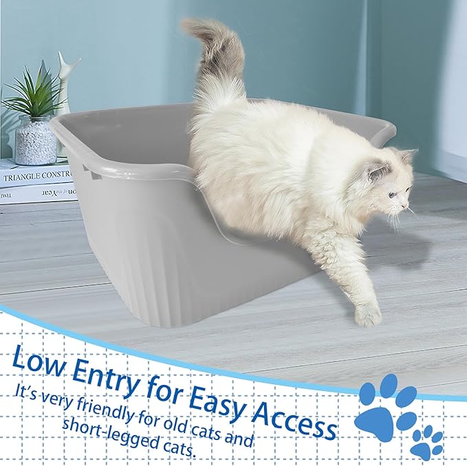 Large Cat Litter Box with High Sides,17.5"x15"x8.9" Open Top Cat Litter Pan Anti Splashing Non-Stick Litter Tray Low Entry Cat Litter Boxes Jumbo Kitty Litter Toilet Easy Clean for Cats(Gray)