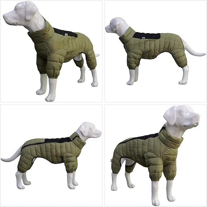 lovelonglong Dog Coat Dog Warm Jacket, 4 Legs Covered Waterproof Windproof Reflective Warm Dog Vest, Zippered Adjustable Outdoor Dog Snow Jacket for Small Medium Large Dogs Olive Green M