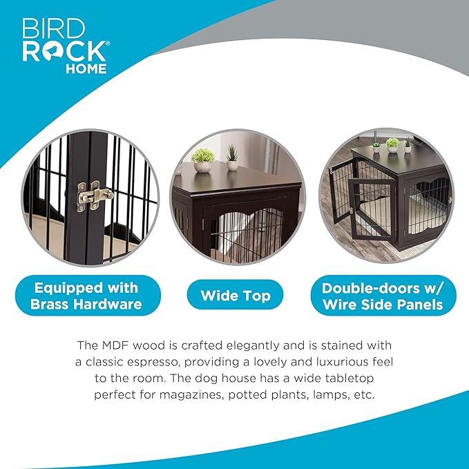 Internet's Best Decorative Dog Kennel with Pet Bed | Double Door | Wooden Wire Dog House | Large Indoor Pet Crate Side Table | Espresso